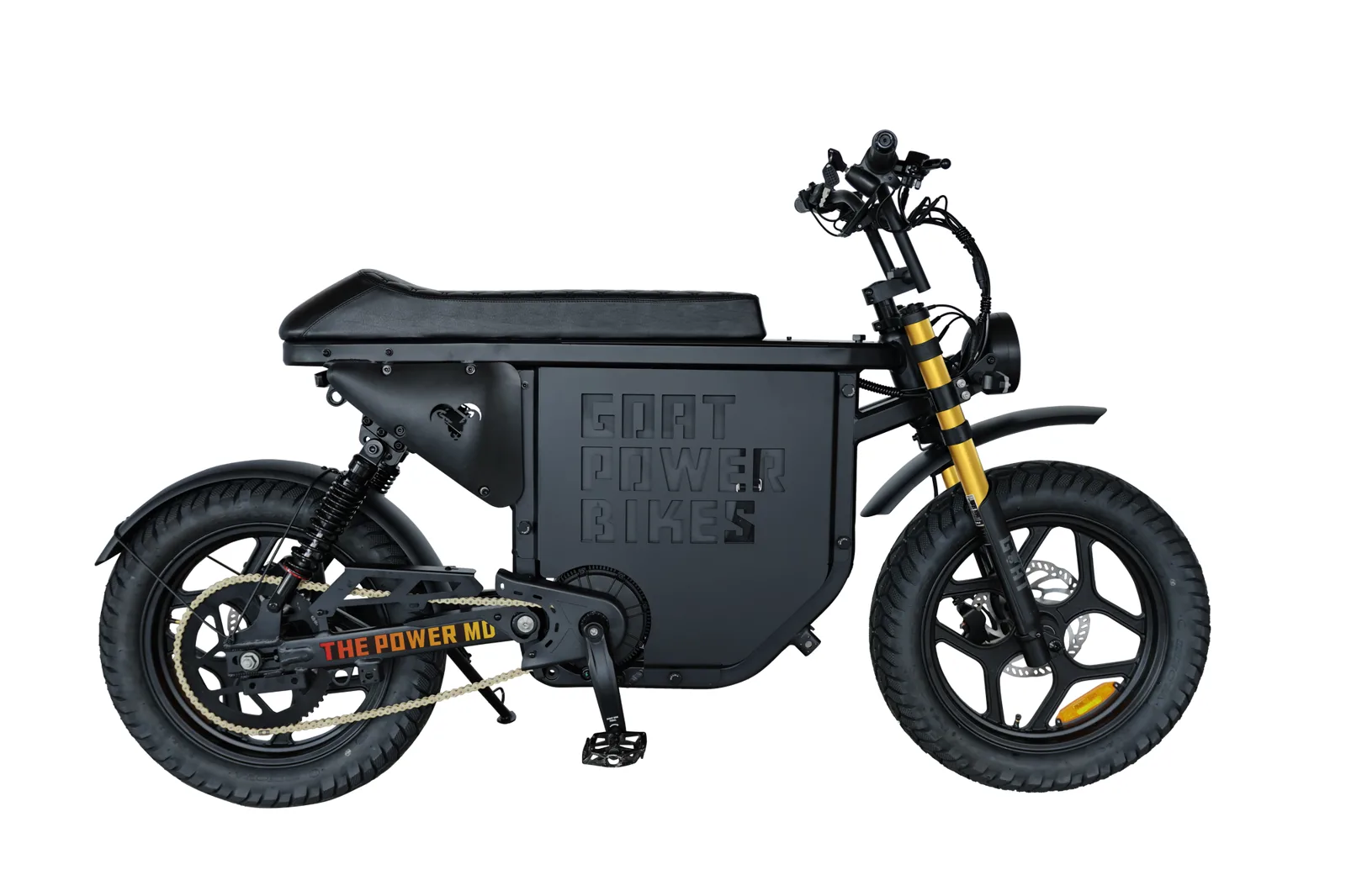 Power Goat MD: Side profile, three-foot seat and twin shocks
