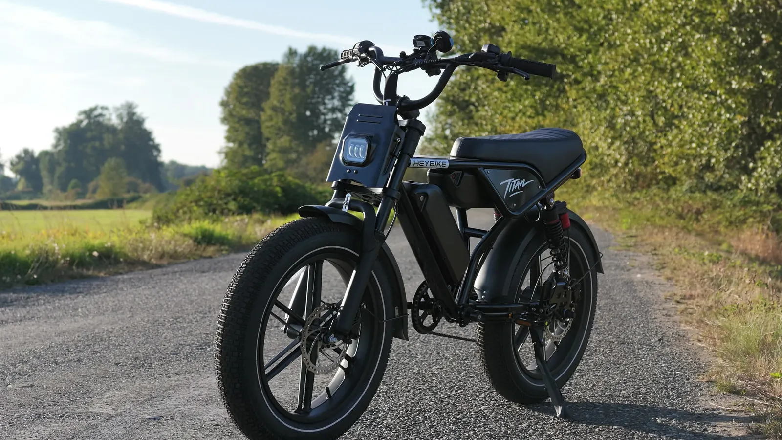 Heybike Titan front three-quarter on a country road