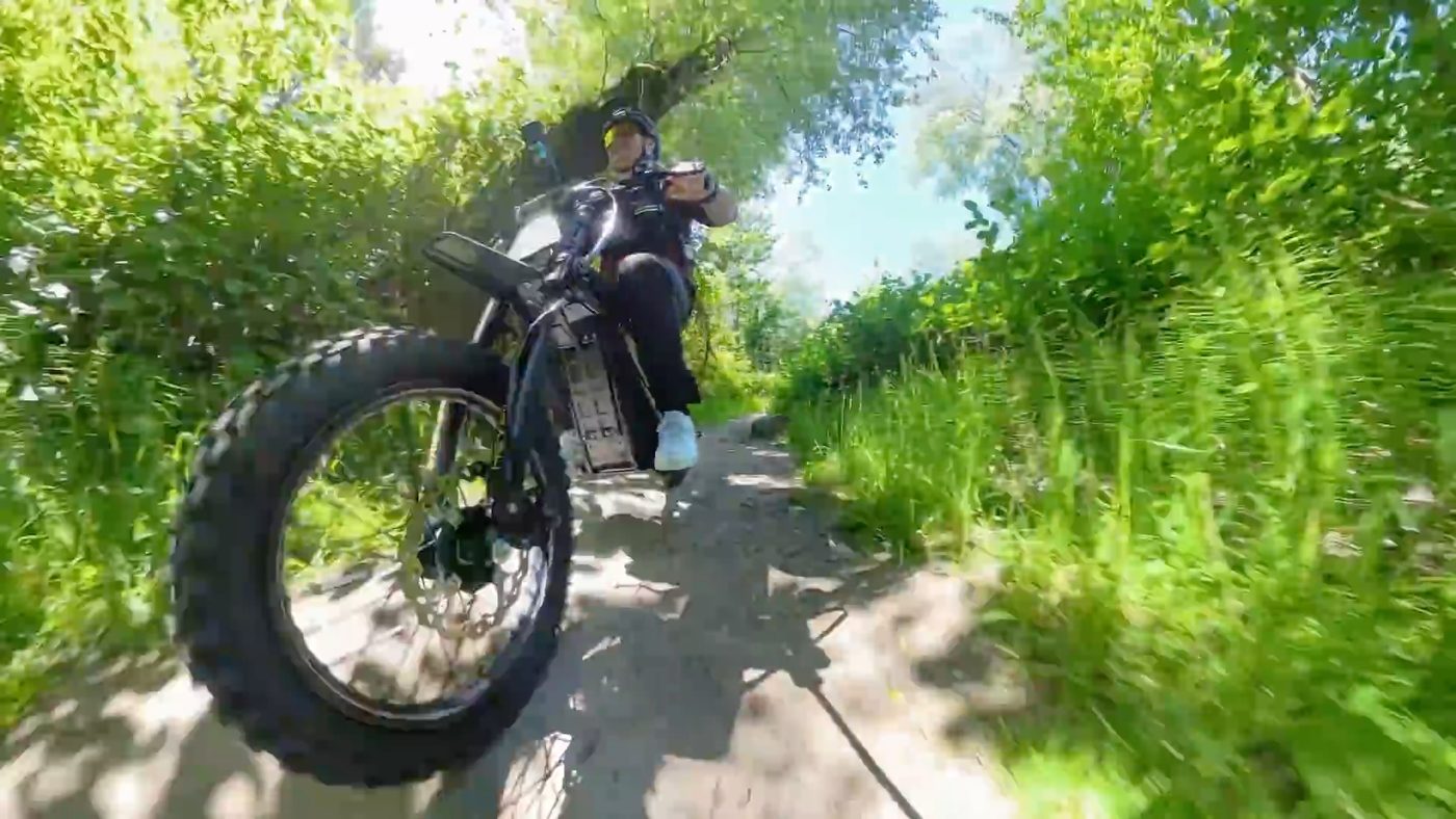 Heybike Villain on a narrow dirt trail