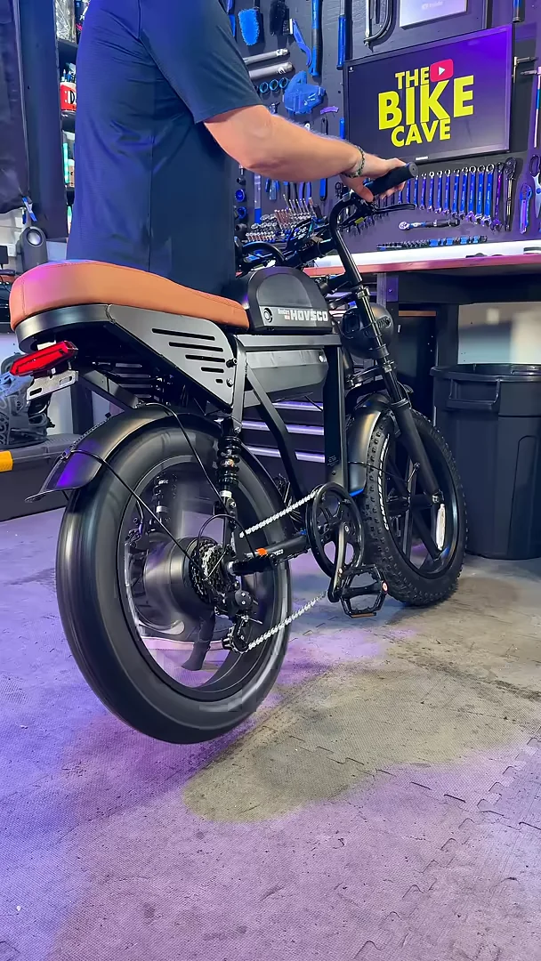 The bike from behind, brown saddle and rear wheel