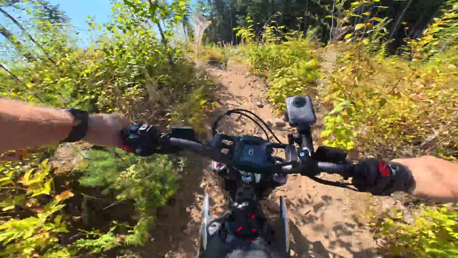 Handlebar view of the Segway Xaber 300 on a narrow mountain trail