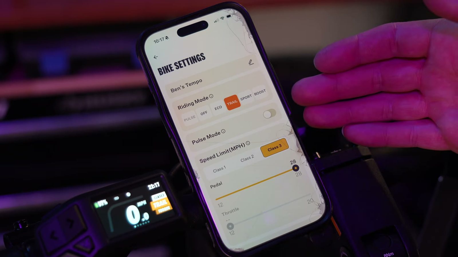 Velotric app bike settings screen showing riding modes and class speed limits