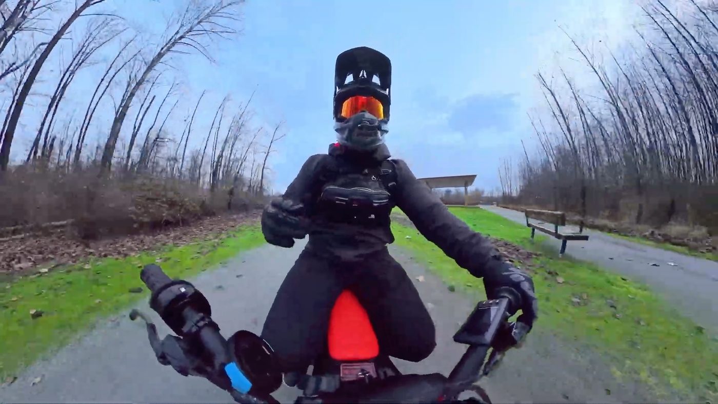 Chest-cam view riding the Yozma IN 10 on a trail