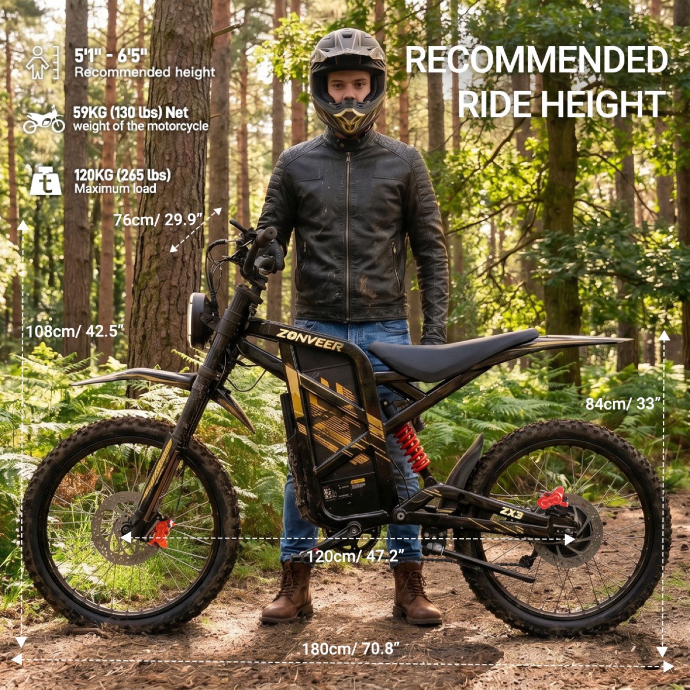 Zonveer ZX3 dimensions and recommended rider height, from Zonveer's own product page