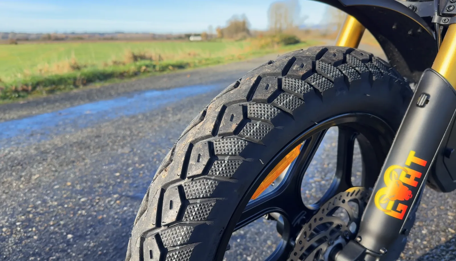 King Goat front tire tread and brake rotor