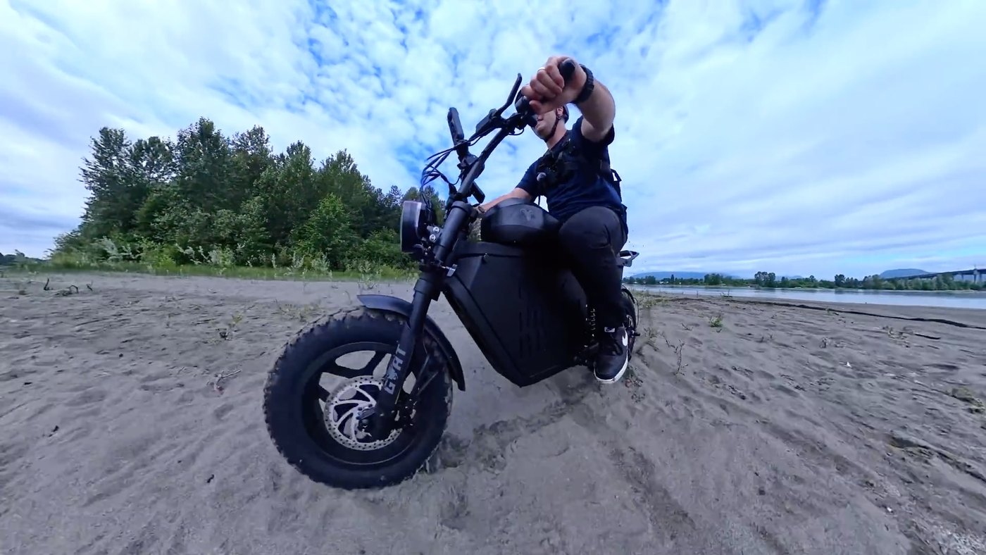 Mini Goat riding through wet beach sand