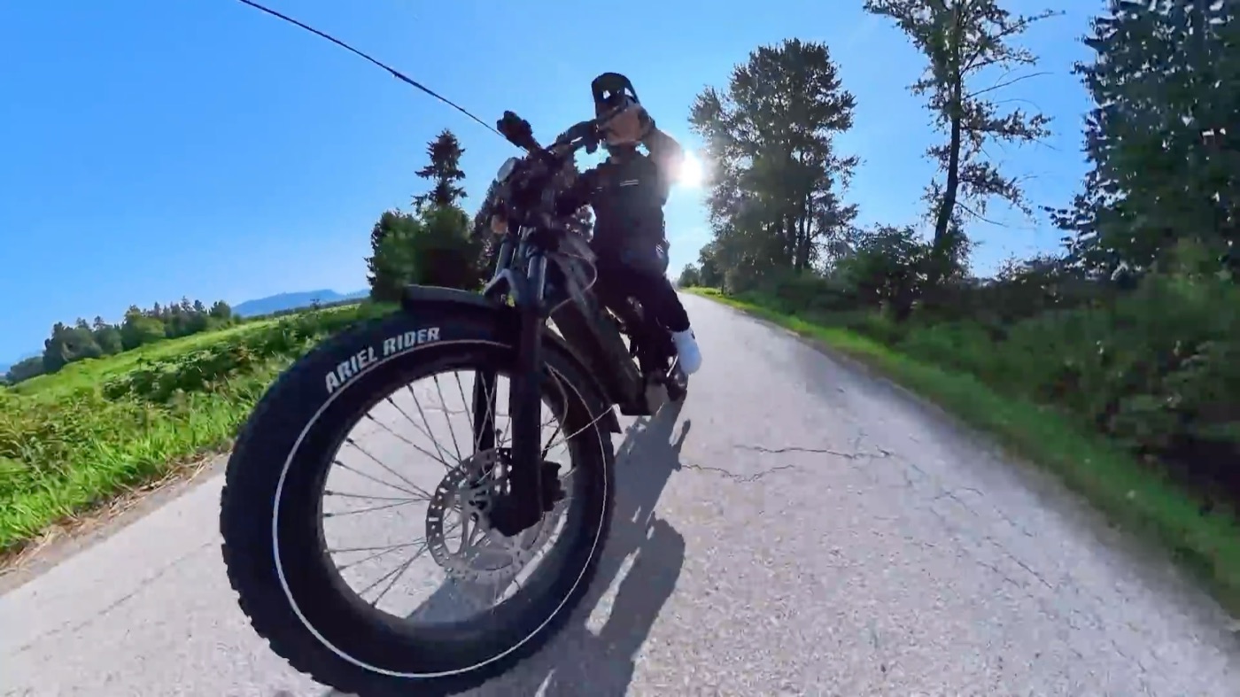 Cornering the Ariel Rider Mudd at speed
