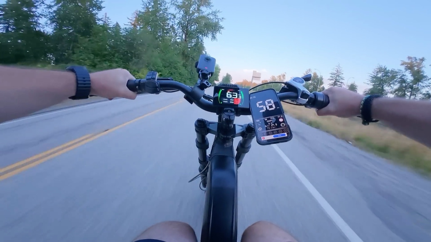 GPS reading 58 mph on the Ariel Rider Mudd top speed run