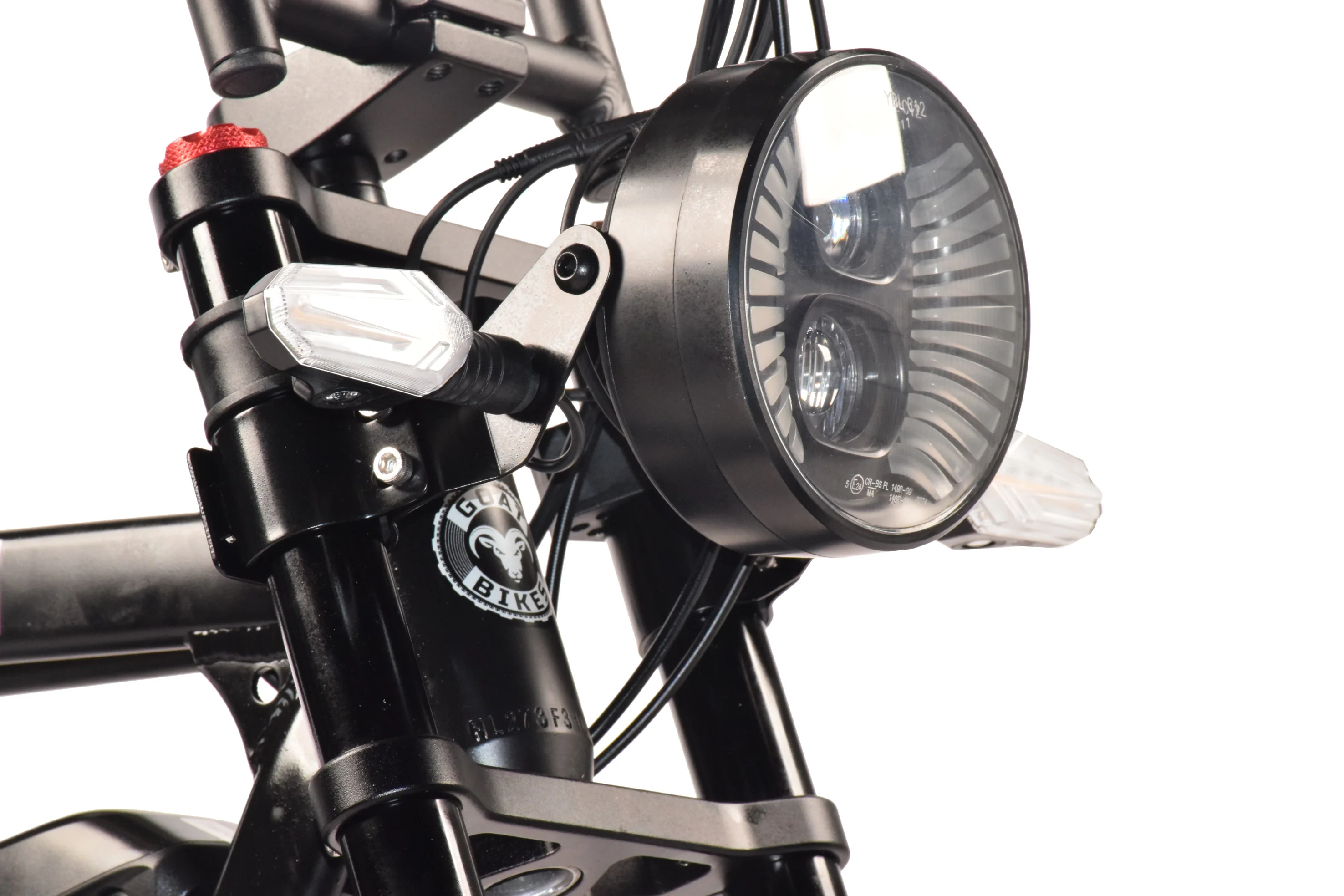 Power Goat V3 triple-clamp fork and headlight, three-quarter